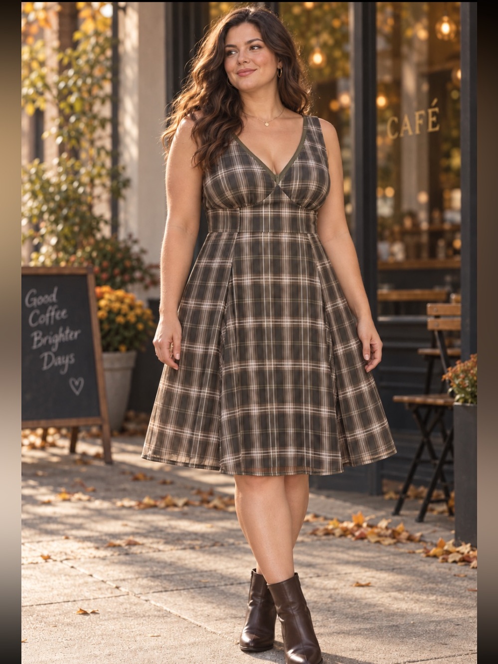 Cider Plaid Mesh V-Neck Fit & Flare Dress Olive Plus 1XL NWT